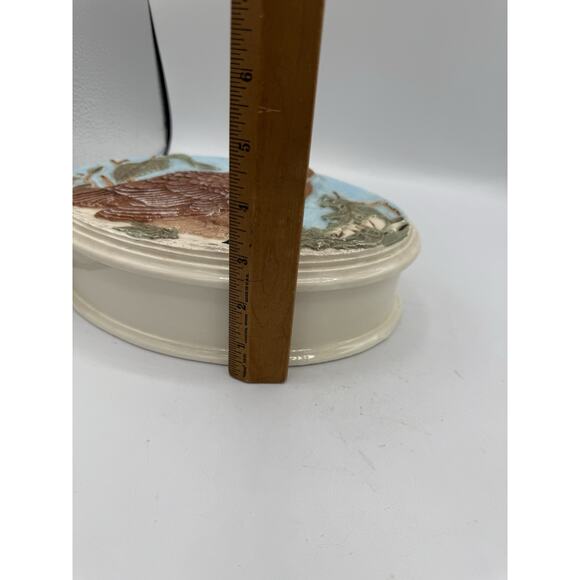 Vintage Embossed Owl Ceramic Trinket Box M.R. Signed Oval Nature Scene 8x5” - Picture 10 of 12